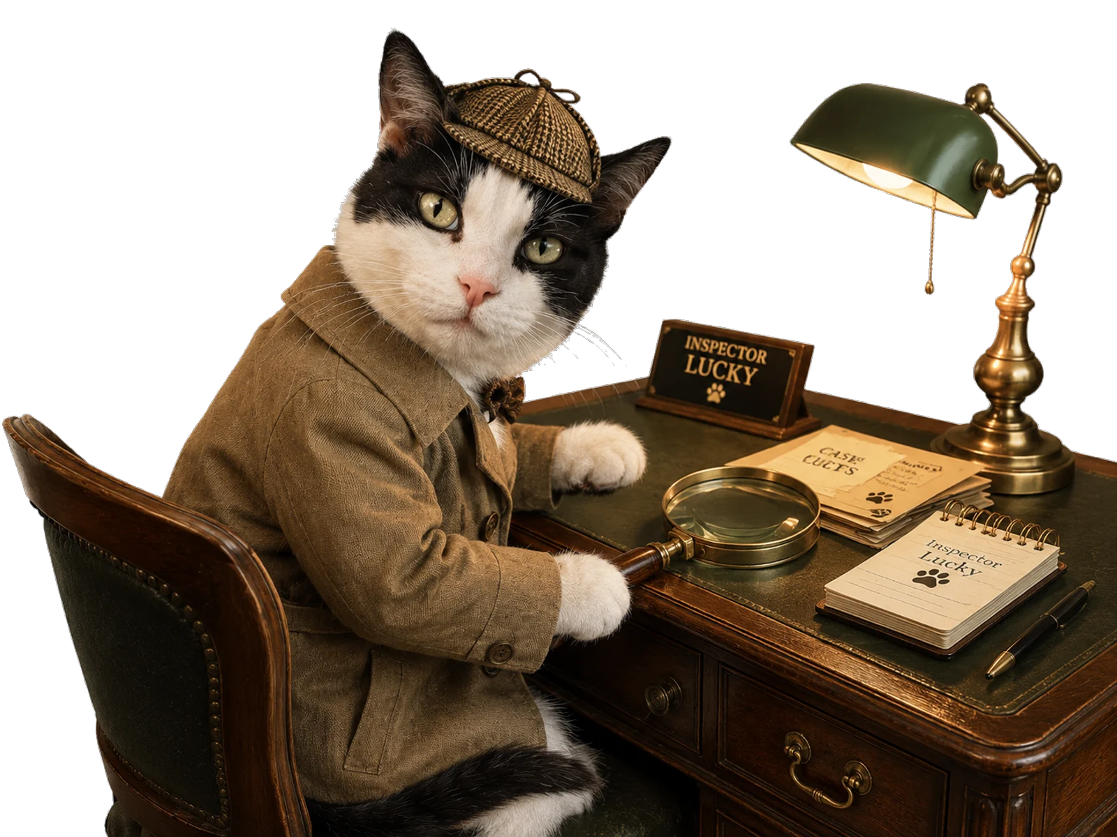 Inspector Lucky aan zijn detectivebureau met vergrootglas en lamp