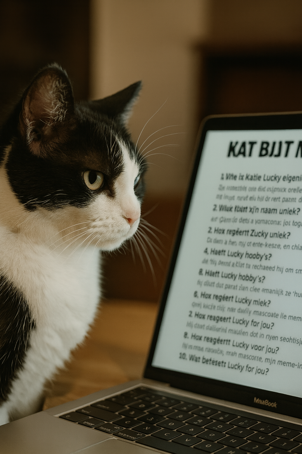 Lucky controleert aandachtig al zijn gemauwde antwoorden